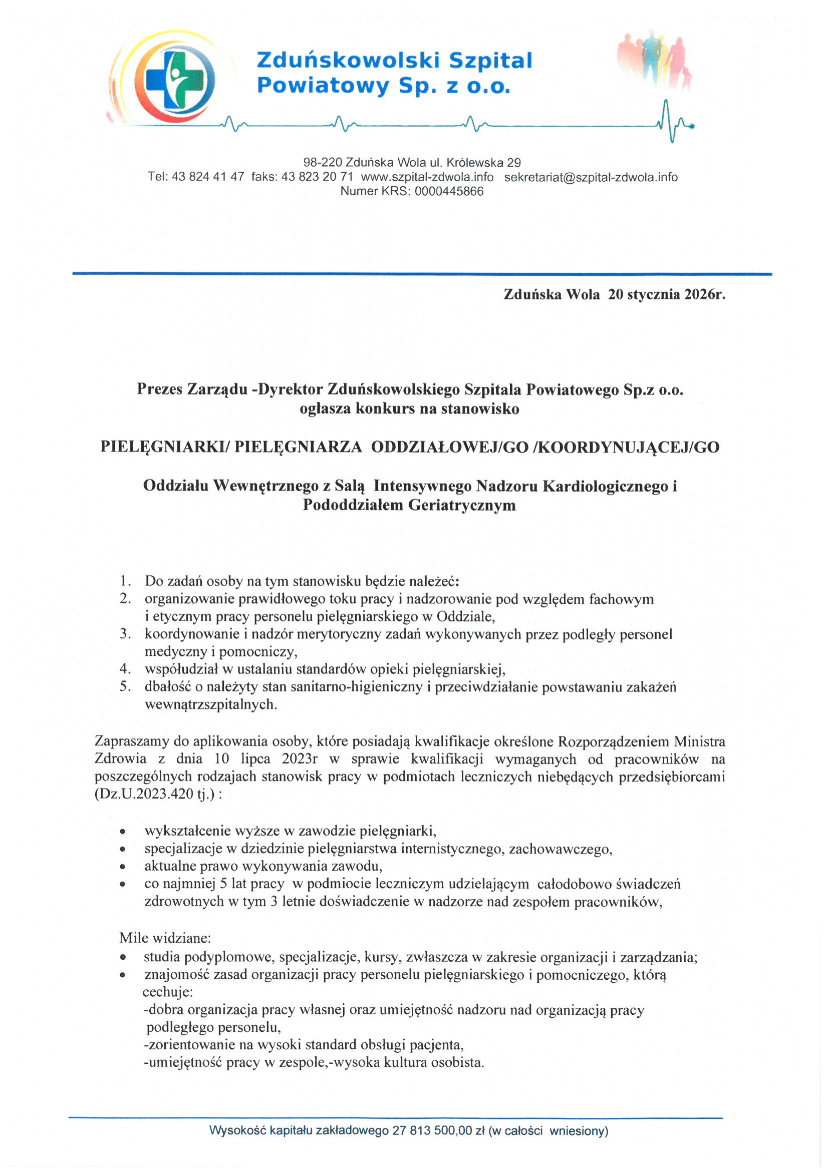 KONKURS NA STANOWISKO PIELĘGNIARKI/ PIELĘGNIARZA ODDZIAŁOWEJ/GO /KOORDYNUJĄCEJ/GO