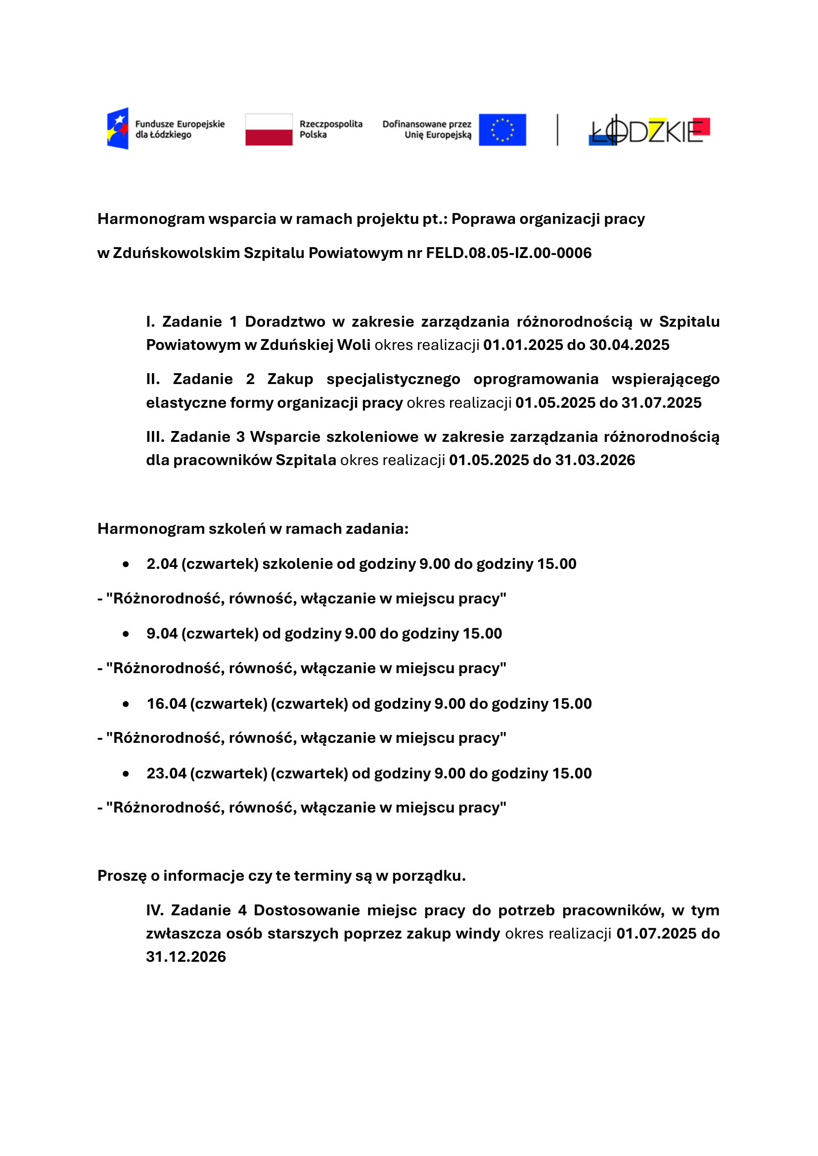 Harmonogram wsparcia w ramach projektu 2703 1